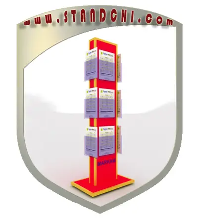 Prospektständer-Entwürfe — Kronenbeschilderung über der Einheit, Holzton (als 3D-Visualisierungen)