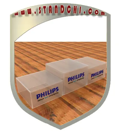Prospektständer-Entwürfe — Kronenbeschilderung über der Einheit, Holzton (als 3D-Visualisierungen)