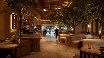 Conceptions de Cafés et Restaurants — assises hautes au comptoir, guirlande lumineuse