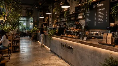 Conceptions de Cafés et Restaurants — vitrines vitrées sur toute la longueur, guirlande lumineuse