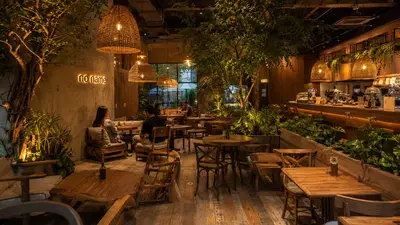 Conceptions de Cafés et Restaurants — placage bois, guirlande lumineuse