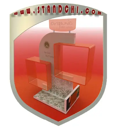 Conceptions de Présentoirs de Comptoir — MDF peint, orange (en visualisations 3D)