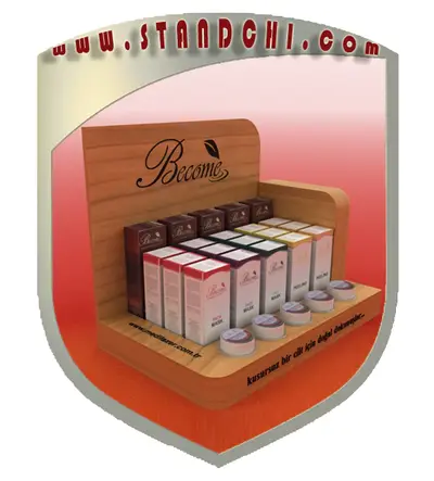 Conceptions de Présentoirs de Comptoir — stratifié ton bois, orange (en visualisations 3D)