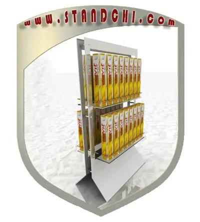 Conceptions de Présentoirs de Comptoir — stratifié ton bois, orange (en visualisations 3D)