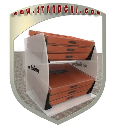 Conceptions de Présentoirs de Comptoir — stratifié ton bois, jaune (en visualisations 3D)