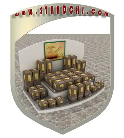 Conceptions de Présentoirs de Comptoir — étagères ouvertes étagées, orange (en visualisations 3D)
