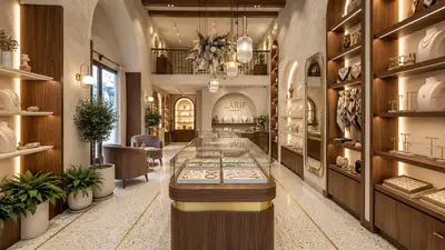 تصاميم المتاجر وصالات العرض — واجهات زجاجية بطول الوحدة, شريط LED أسفل الأرفف