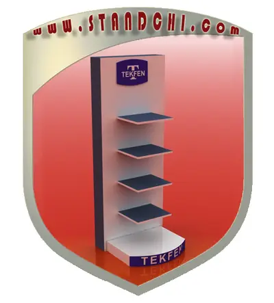 Conceptions de Présentoirs sur Pied — MDF peint, enseigne rétroéclairée (en visualisations 3D)