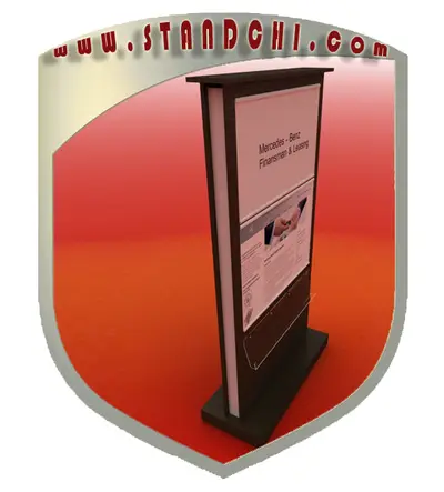 Conceptions de Présentoirs sur Pied — rangement sous comptoir, enseigne rétroéclairée (en visualisations 3D)