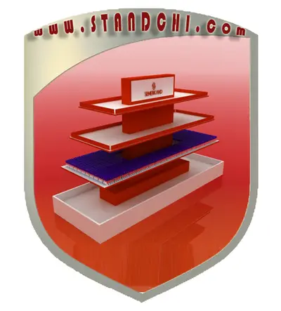 Conceptions de Présentoirs sur Pied — MDF peint, enseigne rétroéclairée (en visualisations 3D)