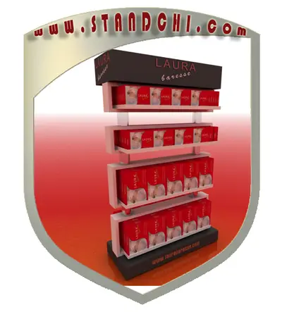 Conceptions de Présentoirs sur Pied — enseigne couronne au-dessus, rouge (en visualisations 3D)