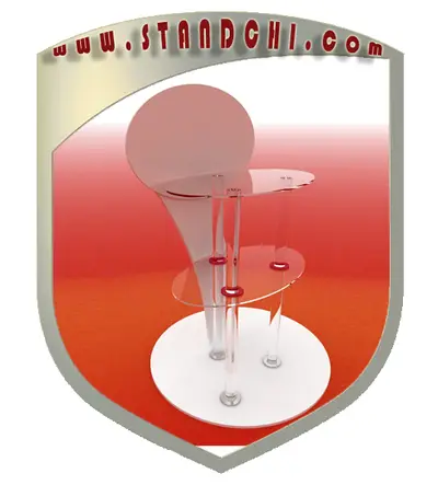 Conceptions de Présentoirs sur Pied — plateaux acryliques circulaires étagés, enseigne rétroéclairée (en visualisations 3D)