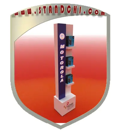 Conceptions de Présentoirs sur Pied — acrylique (plexi), enseigne rétroéclairée (en visualisations 3D)