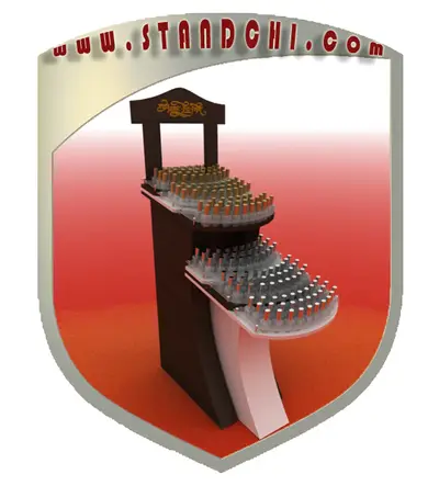 Conceptions de Présentoirs sur Pied — enseigne couronne au-dessus, rouge (en visualisations 3D)
