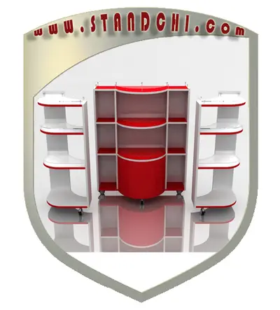 Conceptions de Présentoirs sur Pied — étagères ouvertes étagées, enseigne rétroéclairée (en visualisations 3D)