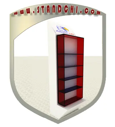 Conceptions de Présentoirs sur Pied — plateaux acryliques circulaires étagés, enseigne rétroéclairée (en visualisations 3D)