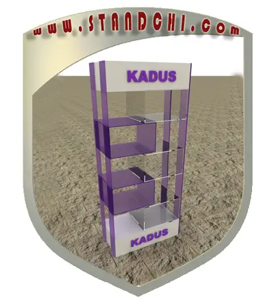 Conceptions de Présentoirs sur Pied — rangement sous comptoir, enseigne rétroéclairée (en visualisations 3D)