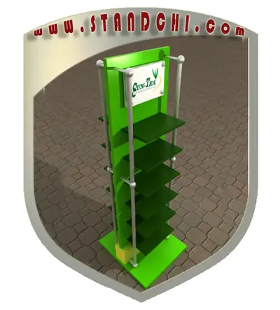 Conceptions de Présentoirs sur Pied — acrylique (plexi), enseigne rétroéclairée (en visualisations 3D)