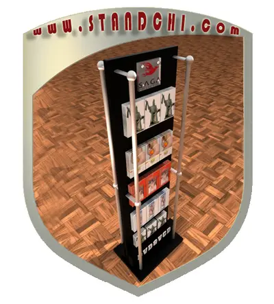 Conceptions de Présentoirs sur Pied — acier inoxydable, enseigne rétroéclairée (en visualisations 3D)