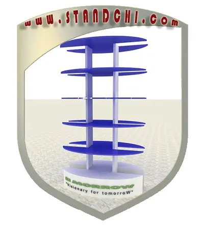 Conceptions de Présentoirs sur Pied — enseigne couronne au-dessus, rouge (en visualisations 3D)