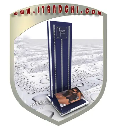 Conceptions de Présentoirs sur Pied — enseigne couronne au-dessus, bleu marine (en visualisations 3D)