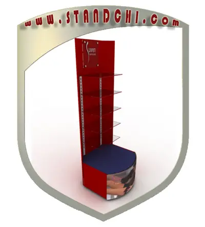 Conceptions de Présentoirs sur Pied — enseigne couronne au-dessus, bandeau LED sous étagère (en visualisations 3D)