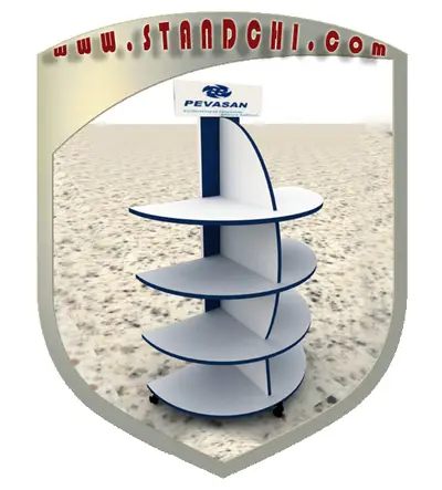 Conceptions de Présentoirs sur Pied — étagères ouvertes étagées, enseigne rétroéclairée (en visualisations 3D)