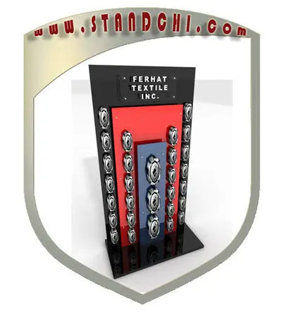 Conceptions de Présentoirs sur Pied — plateaux acryliques circulaires étagés, enseigne rétroéclairée (en visualisations 3D)
