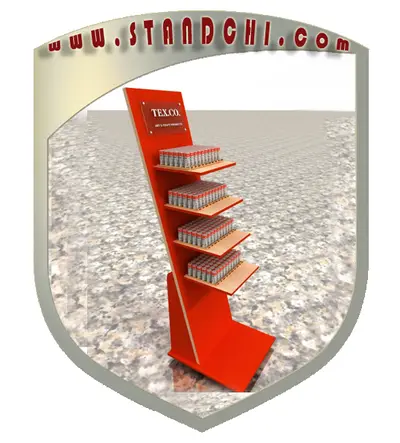 Conceptions de Présentoirs sur Pied — rangement sous comptoir, enseigne rétroéclairée (en visualisations 3D)