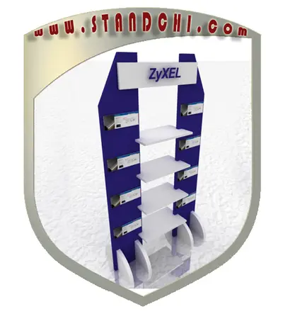 Conceptions de Présentoirs sur Pied — acier inoxydable, enseigne rétroéclairée (en visualisations 3D)