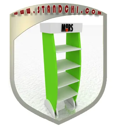 Conceptions de Présentoirs sur Pied — enseigne couronne au-dessus, rouge (en visualisations 3D)