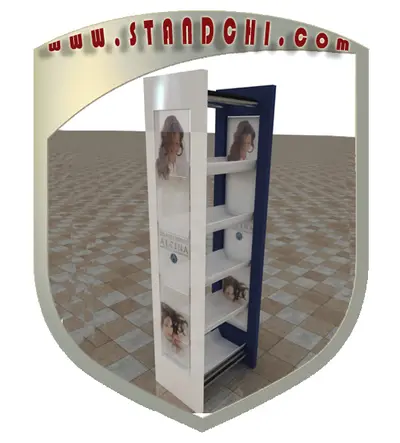 Conceptions de Présentoirs sur Pied — étagères ouvertes étagées, bleu marine (en visualisations 3D)