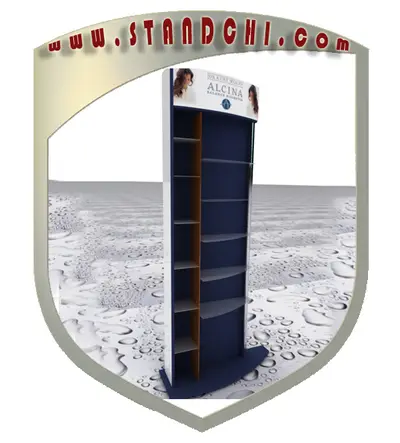 Conceptions de Présentoirs sur Pied — plateaux acryliques circulaires étagés, bleu marine (en visualisations 3D)
