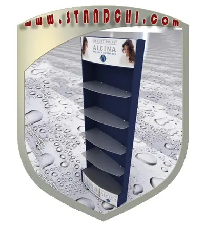 Conceptions de Présentoirs sur Pied — enseigne couronne au-dessus, bleu marine (en visualisations 3D)