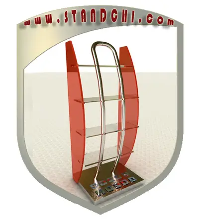 Conceptions de Présentoirs sur Pied — plateaux acryliques circulaires étagés, bandeau LED sous étagère (en visualisations 3D)