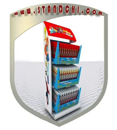 Conceptions de Présentoirs sur Pied — étagères ouvertes étagées, enseigne rétroéclairée (en visualisations 3D)