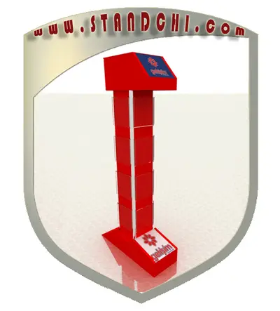 Conceptions de Présentoirs sur Pied — MDF peint, enseigne rétroéclairée (en visualisations 3D)