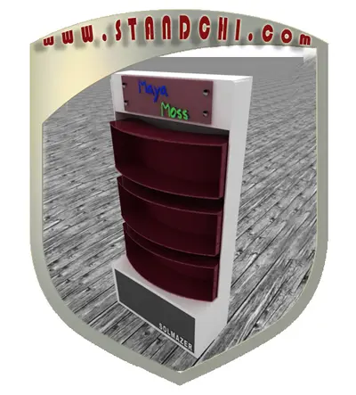 Conceptions de Présentoirs sur Pied — enseigne couronne au-dessus, rouge (en visualisations 3D)
