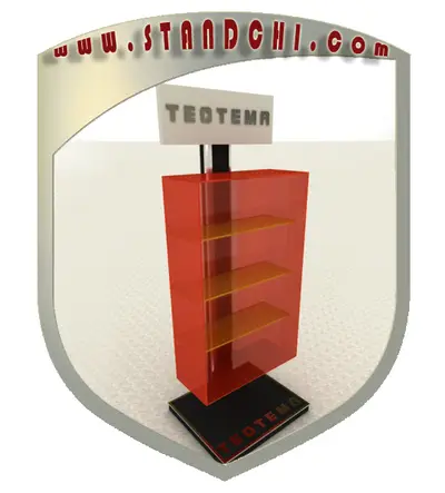 Conceptions de Présentoirs sur Pied — acrylique (plexi), rouge (en visualisations 3D)
