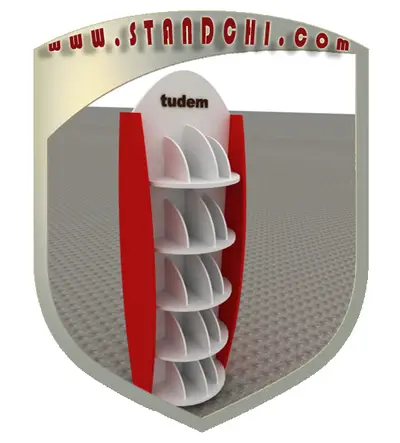 Conceptions de Présentoirs sur Pied — acier inoxydable, blanc (en visualisations 3D)