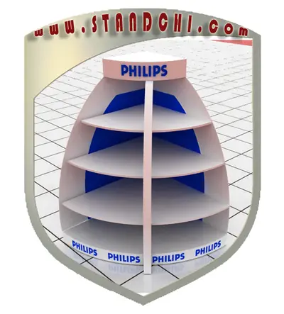 Conceptions de Présentoirs sur Pied — enseigne couronne au-dessus, bandeau LED sous étagère (en visualisations 3D)