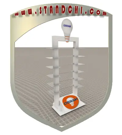 Conceptions de Présentoirs sur Pied — MDF peint, bandeau LED sous étagère (en visualisations 3D)