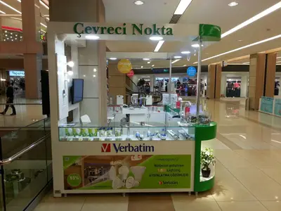 Weitere Mall-Kioske — Vitrinen aus Sicherheitsglas, LED-Streifen am Sockelumfang