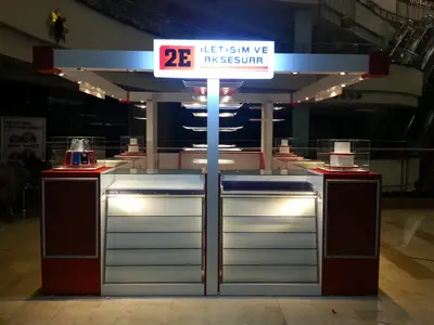 2E İletişim — Tekira AVM — mall kiosk — white laminate panels, white