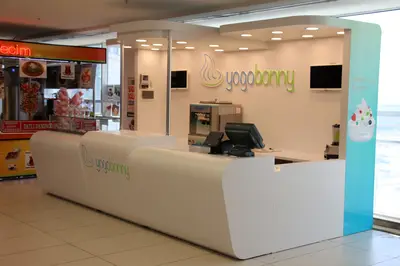 Yogobonny — mall kiosk — fully rounded organic form, recessed downlights