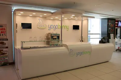 Yogobonny — mall kiosk — stainless steel, recessed downlights