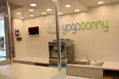 Yogobonny — mall kiosk — fully rounded organic form, mounted flat screen