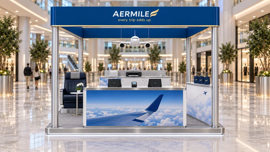 AERMILE crowned island kiosk — front view, airline frequent-flyer programme promotion (AI-assisted 3D visualisation)