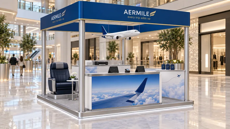 AERMILE crowned island kiosk — left three-quarter view, airline frequent-flyer programme promotion (AI-assisted 3D visualisation)