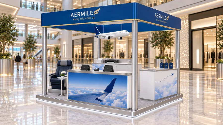 AERMILE crowned island kiosk — right three-quarter view, airline frequent-flyer programme promotion (AI-assisted 3D visualisation)
